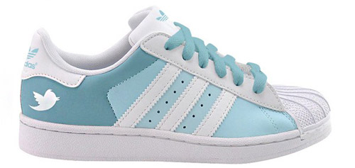 Adidas Superstars designed with the Facebook and Twitter themes