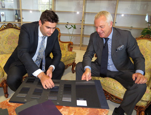 Dean manev and Gianfranco Fiori looking at Marlane fabrics