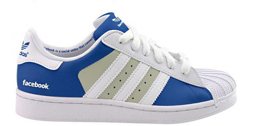 Adidas Superstars designed with the Facebook and Twitter themes