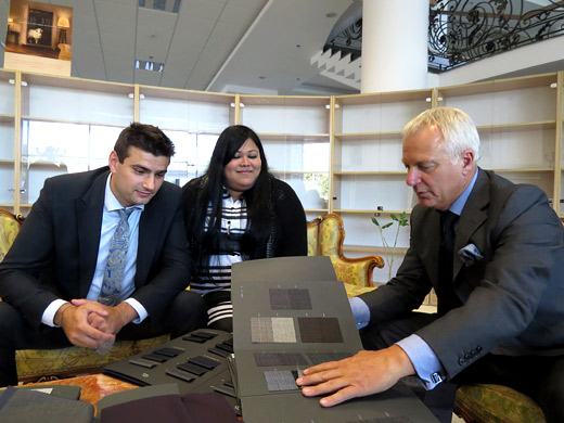 Dean manev and Gianfranco Fiori looking at Marlane fabrics